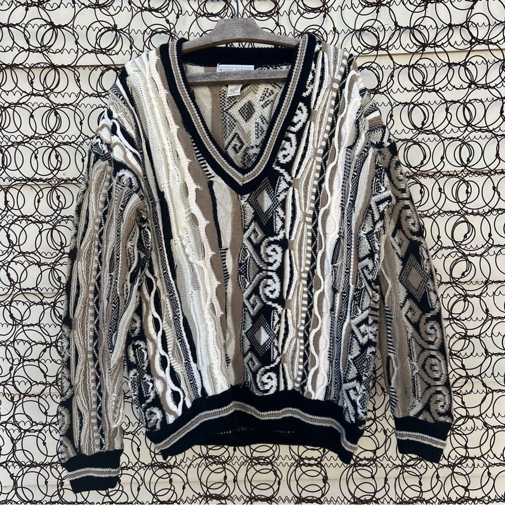 90s Alexander Lloyd cream tan black white 3-D Coogi style weave V-neck sweater